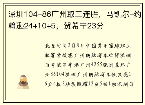深圳104-86广州取三连胜，马凯尔-约翰逊24+10+5，贺希宁23分
