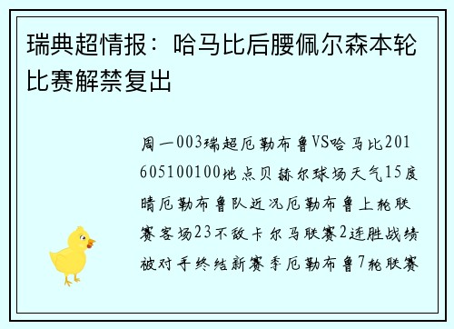 瑞典超情报：哈马比后腰佩尔森本轮比赛解禁复出