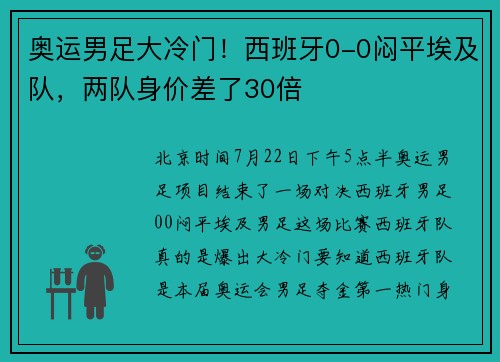 奥运男足大冷门！西班牙0-0闷平埃及队，两队身价差了30倍
